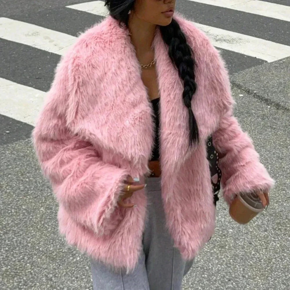 Pink Casual Women's Faux Fur Long Sleeve Jacket - Picture 3 of 4
